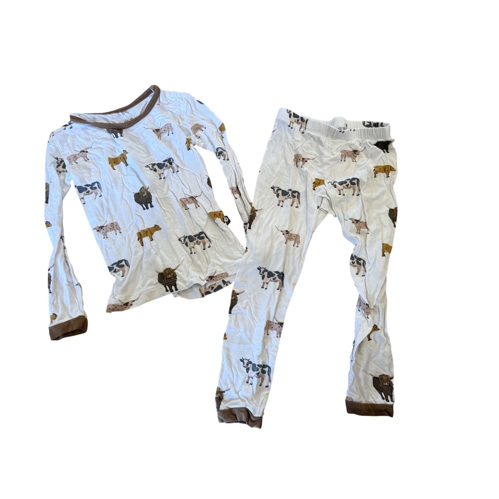 Kyte Baby Toddler 2T Bamboo Pajama Set Multi Cow Print Long Sleeve Brown Cuffs